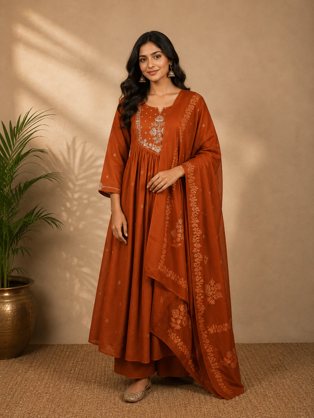 Brown Floral Embroidered Cotton Salwar Suit